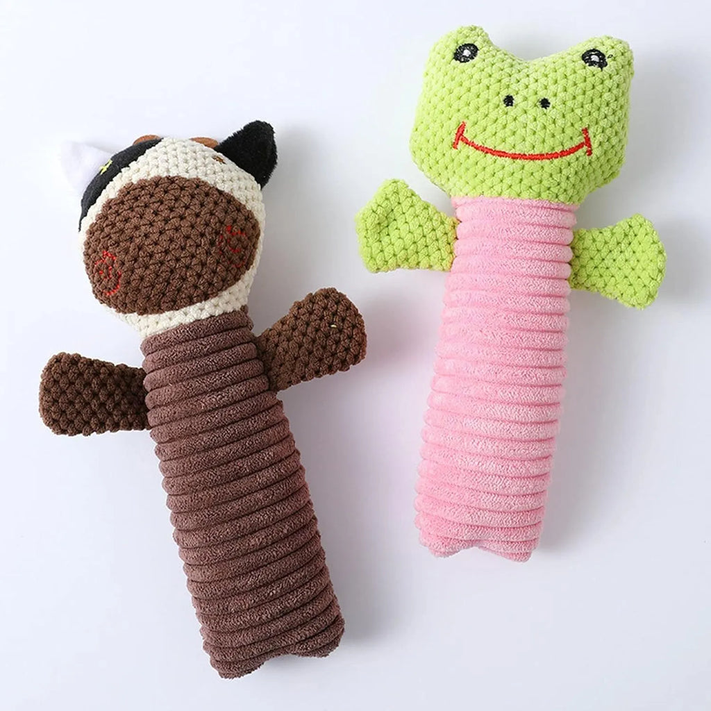 Squeaky plush dog chew toy in animal shapes for dental cleaning and teething relief