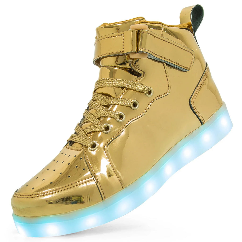 LED high-top light-up shoes in black with Velcro strap and rubber sole.
