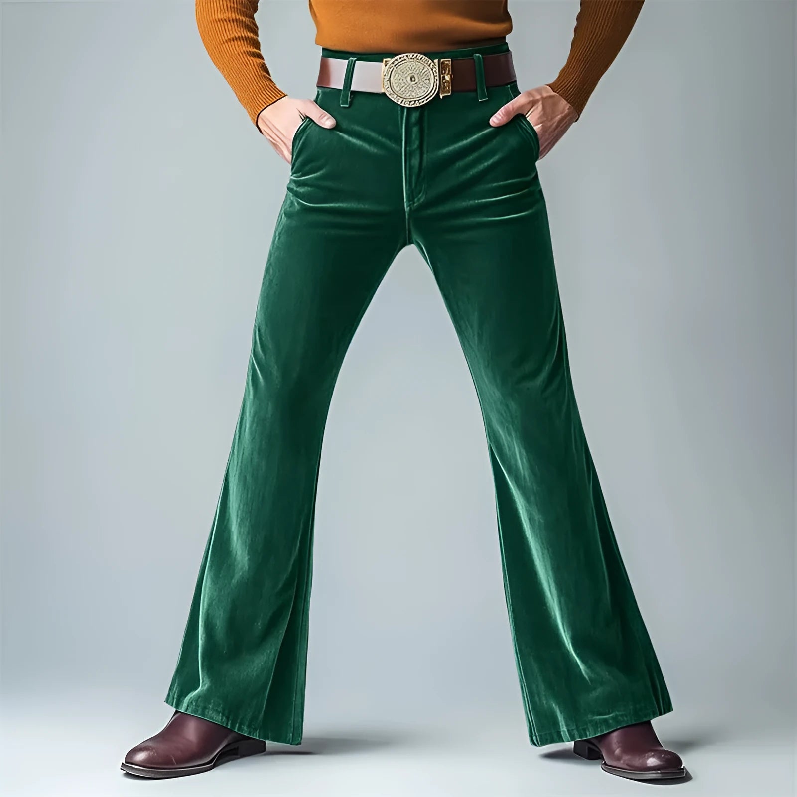Men's gold velvet slim flared suit trousers with solid colour finish for formal banquet wear