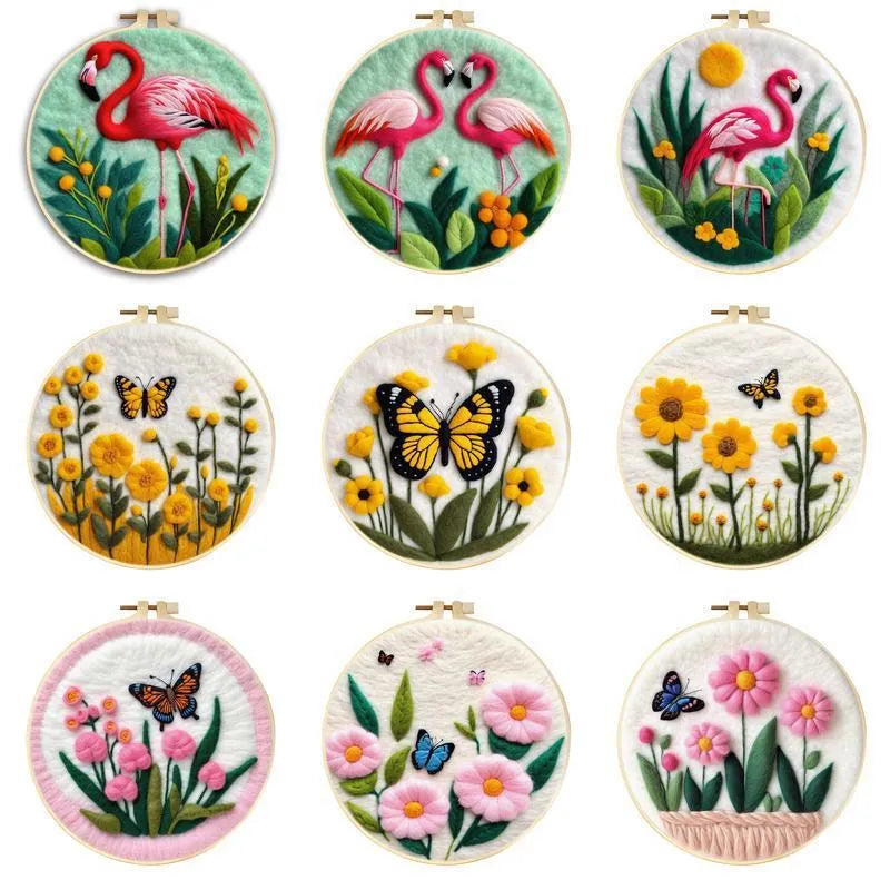 Round linen fabric embroidery kit 20x20cm with free frame flowers grass leaves three-dimensional blanket painting