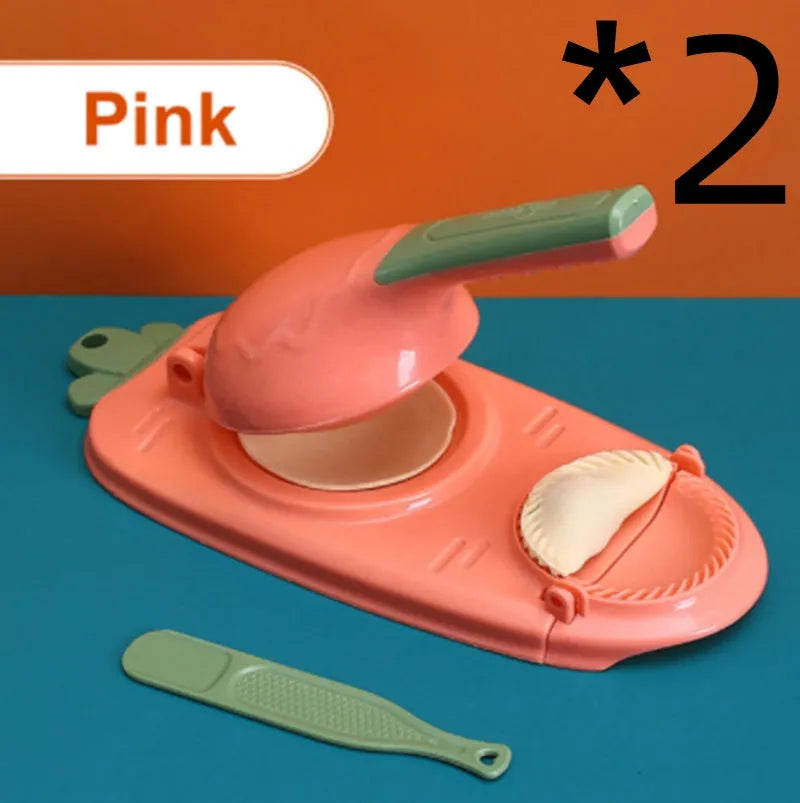 2-in-1 plastic dumpling dough press maker in orange and white, with ergonomic handle and hanging hole for storage