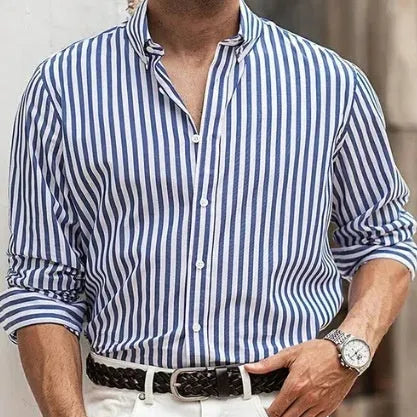 Men's striped loose-fit cardigan style long sleeve casual shirt in Khaki polyester fibre