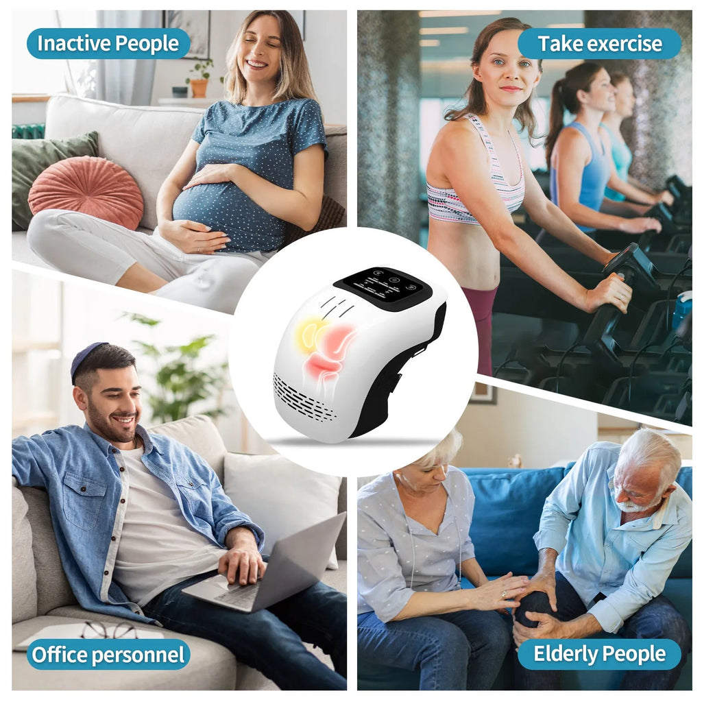 Intelligent electric knee massager in white colour with kneading, heating, infrared laser, and vibration functions