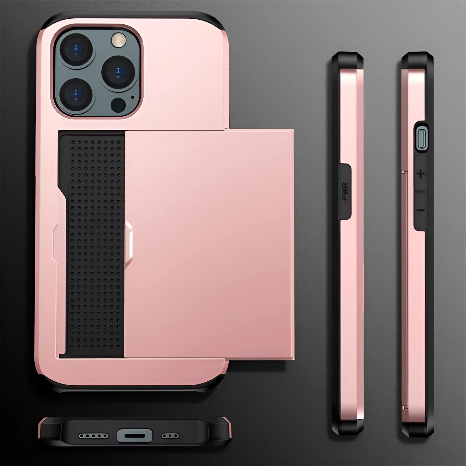 Matte finish iPhone case with a sliding cover open to show card slot, in Army Green colour.