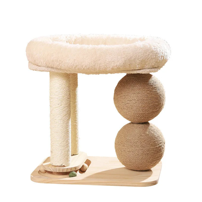 Pine wood cat nest bed with sisal fabric scratching surface and double ball chamfer columns.