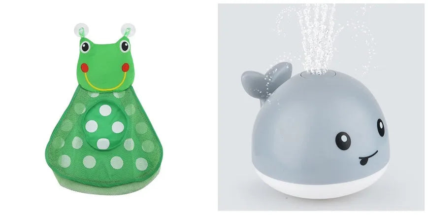 White and blue electric whale bath toy spraying water with lights on a base.