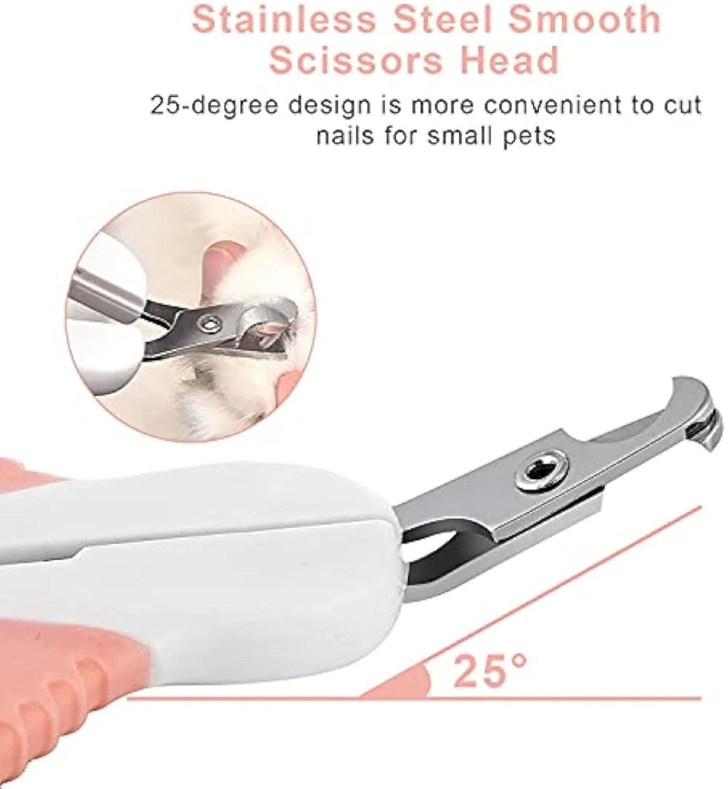 Grey and pink angled pet nail clippers with safety guard and rubber handle.