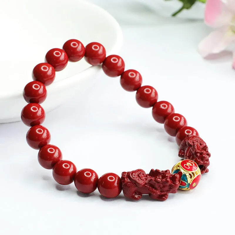 Cinnabar double pixiu women's bracelet with 8mm beads, purple gold sand finish, and leather cord