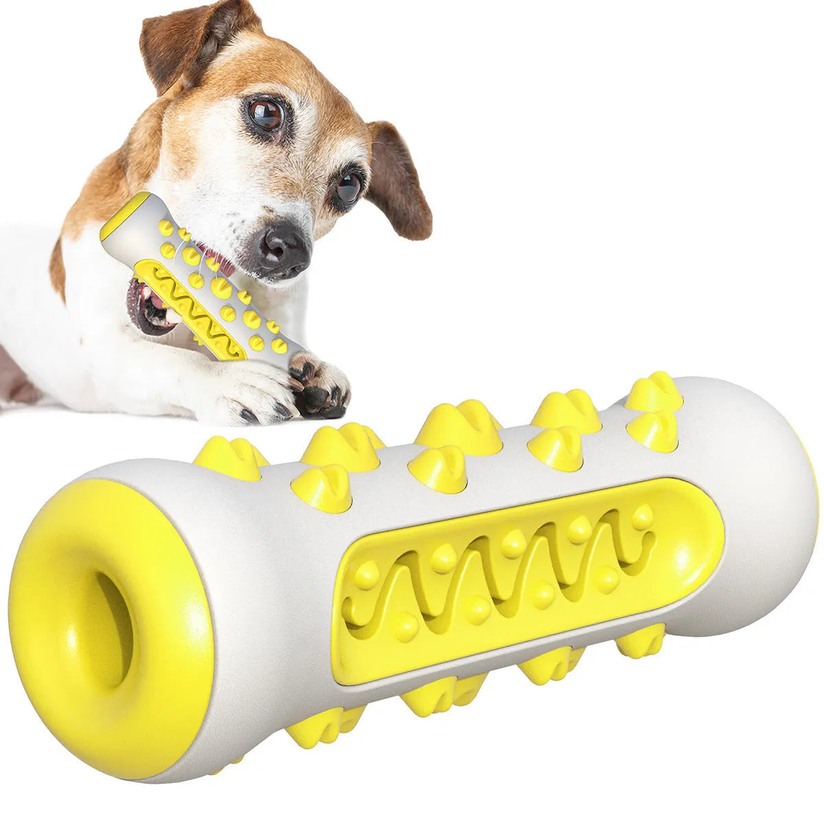 Natural rubber dog toothbrush chew toy in blue colour with textured cleaning surface