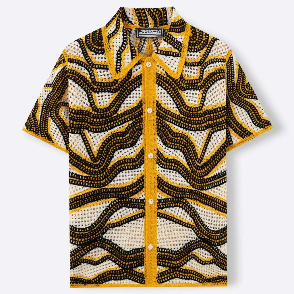 Khaki striped short sleeve cardigan with hand crocheted texture from American Texture