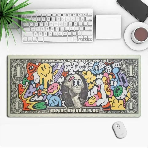 Customisable anime-themed gaming mouse pad with non-slip rubber base on a desk.