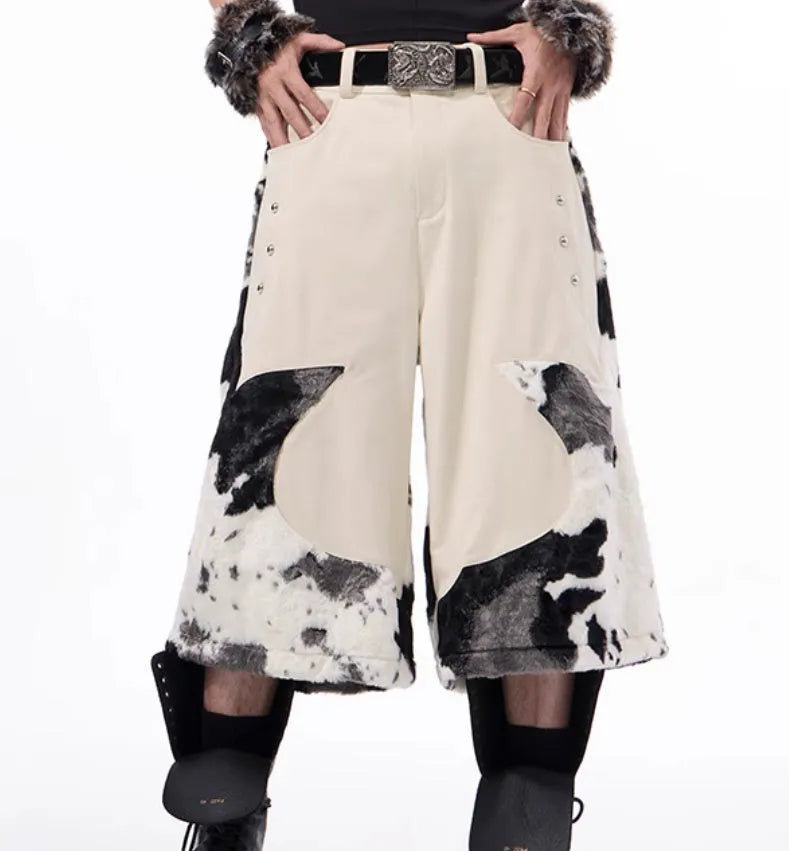Stitching milk fiber fur cropped pants with personalised patterns in picture colour, available in sizes S to XL