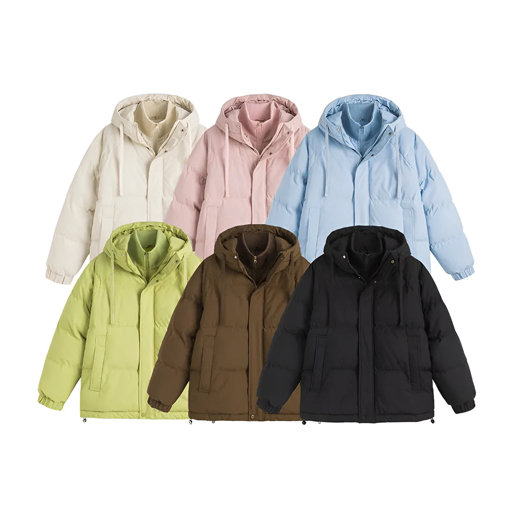 Beige loose fake cotton-padded winter jacket with side seam pockets on a mannequin.