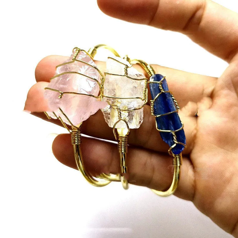 Natural crystal rough stone bracelet with gold winding wire and geometric design