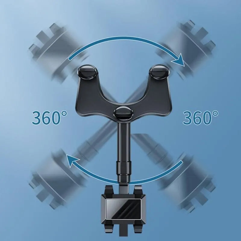 Black rearview mirror phone holder with rotating head and telescopic arm extended
