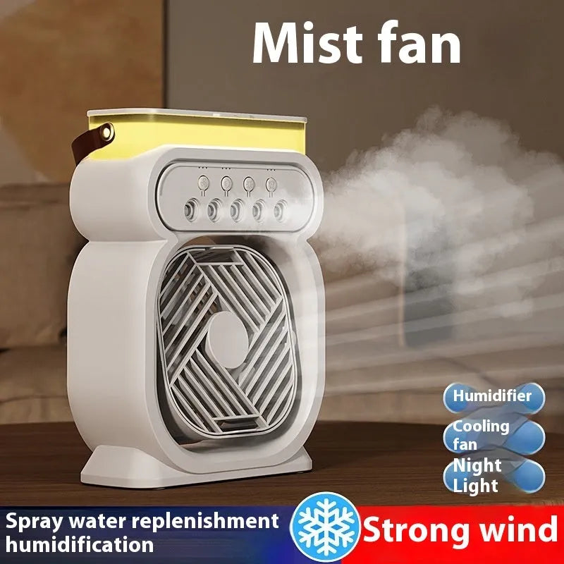 3 in 1 portable evaporative air cooler with LED night lights and USB cable on desk