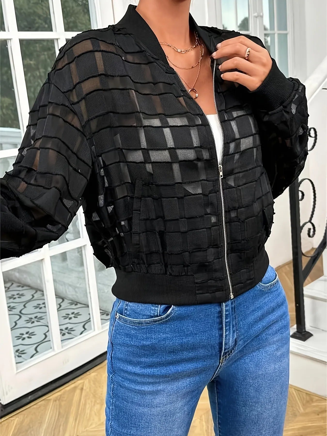 Black women's semi-transparent geometric pattern casual jacket with threaded zipper front closure
