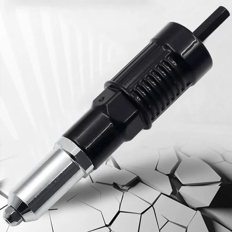 Electric drill rivet gun adapter with alloy steel body and four rivet heads on a workbench