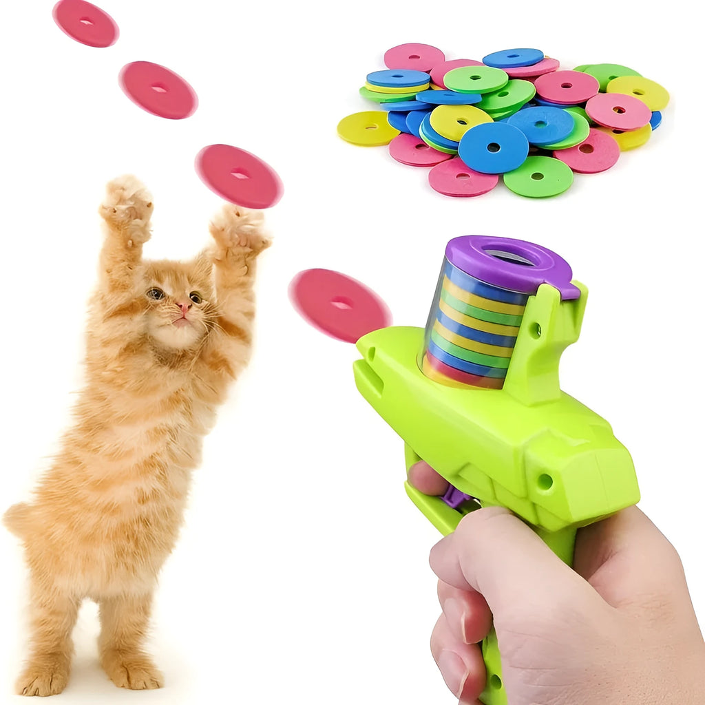 Interactive cat toy launcher with foam disc in green or purple colour options