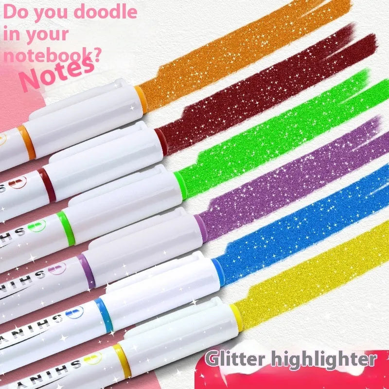 Star River glitter fluorescent pen set showing slanted 4mm tip and six glitter ink colour variations