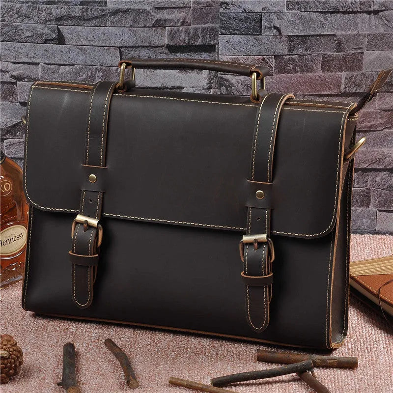 Men's genuine cowhide crazy horse leather handbag, 13-inch dark brown retro style with lock closure