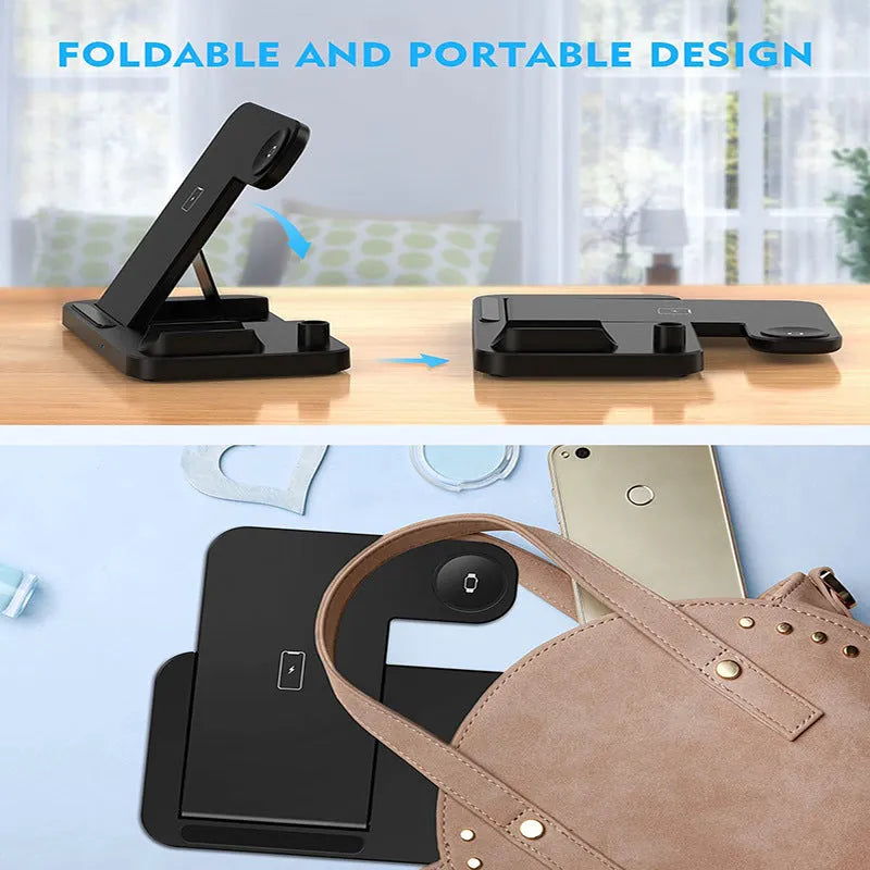 Black four-in-one wireless charger N18 for mobile phones with QC3.0 charging head on a desk