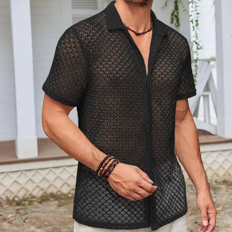 Summer mesh short sleeve shirt for men, solid colour cardigan with lapel collar, cotton blend fabric, available in black