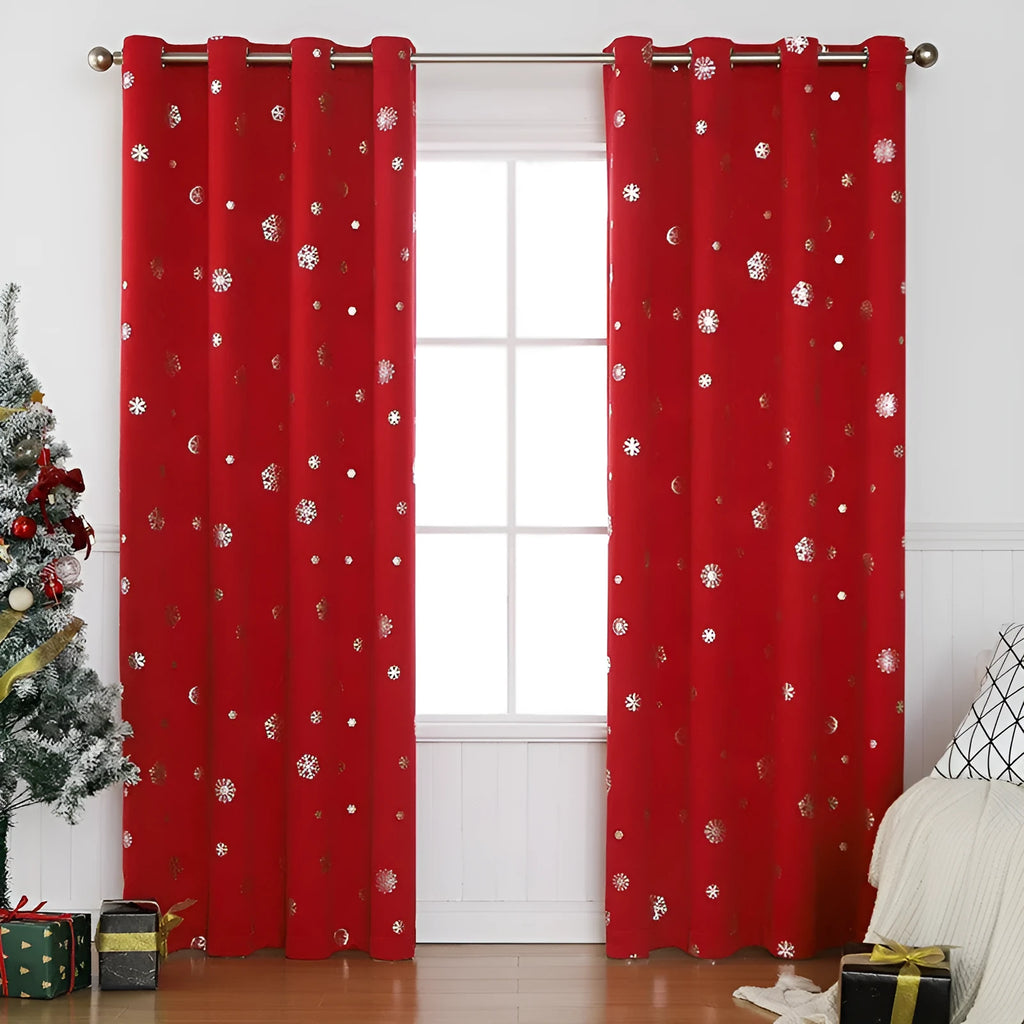 Snowflake pattern polyester shade cloth curtain hanging, showing solid fabric and modern design.