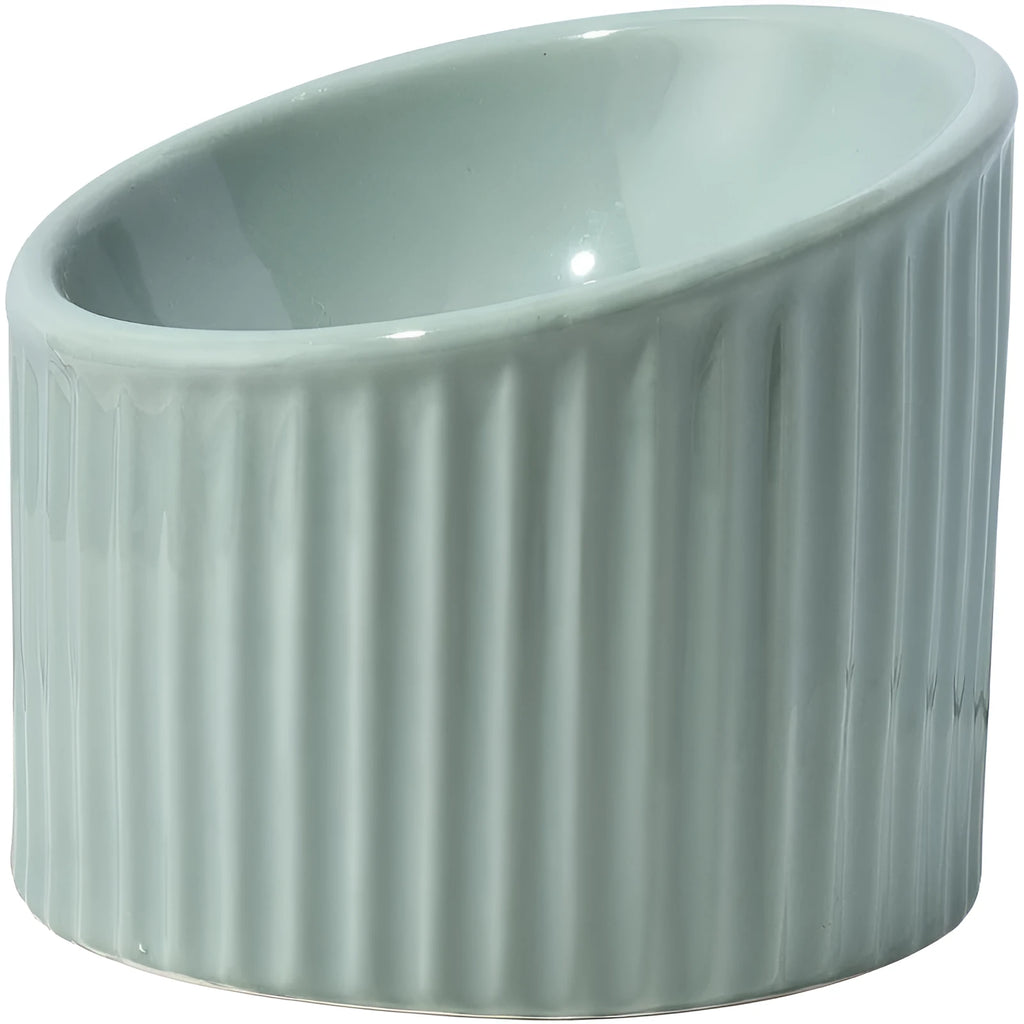 Ceramic raised cat bowl with tilted design in green colour on wooden surface