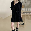 Women's grey art retro knitted two-piece set with vest skirt and long-sleeved cardigan