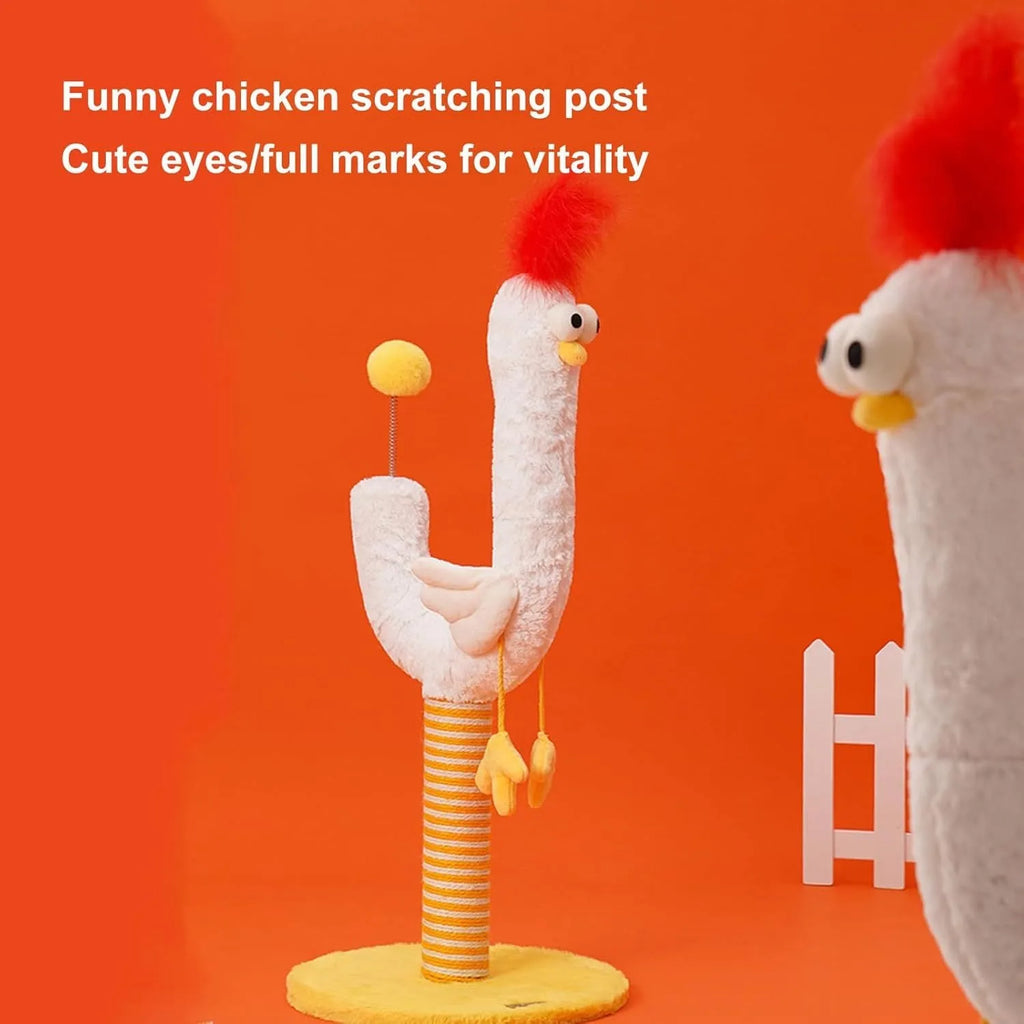 Sisal rope cat scratching post with chicken strip design and spring ball, 35cm wide and 88cm tall