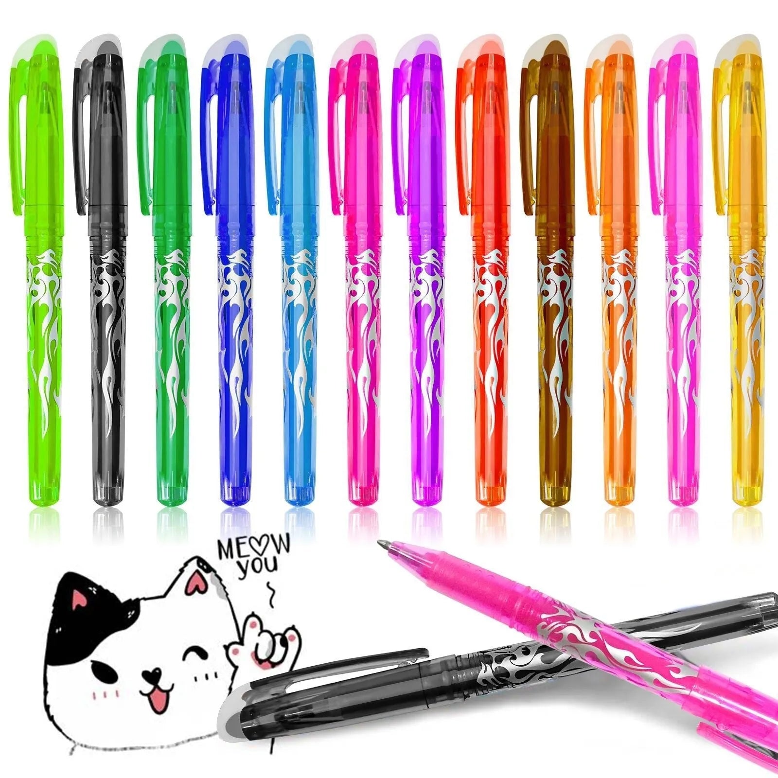 Set of multi-colour heat-erasable gel pens with plastic bodies and stainless steel nibs.