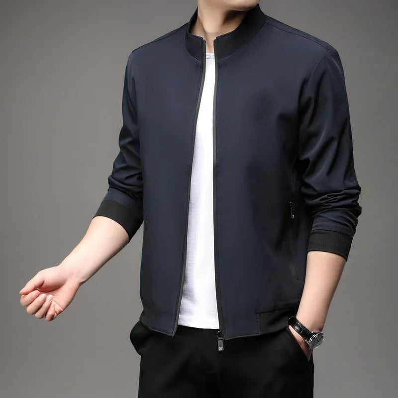 Men's Korean style loose fit autumn jacket with lapel collar and zippered pockets in multiple colours