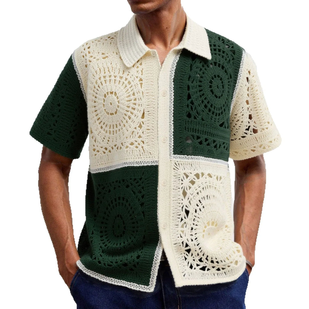 Men's beige colourblock acrylic short sleeve sweater with flocking detail