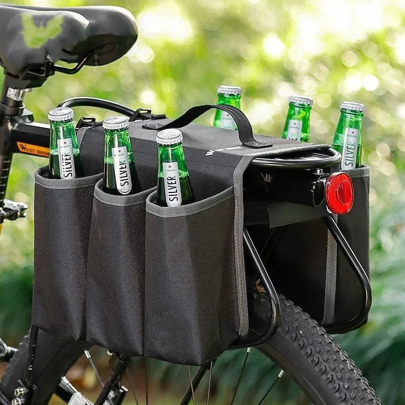 Black and blue orange bicycle double-sided shelf bag with 2 litre capacity mounted on bike