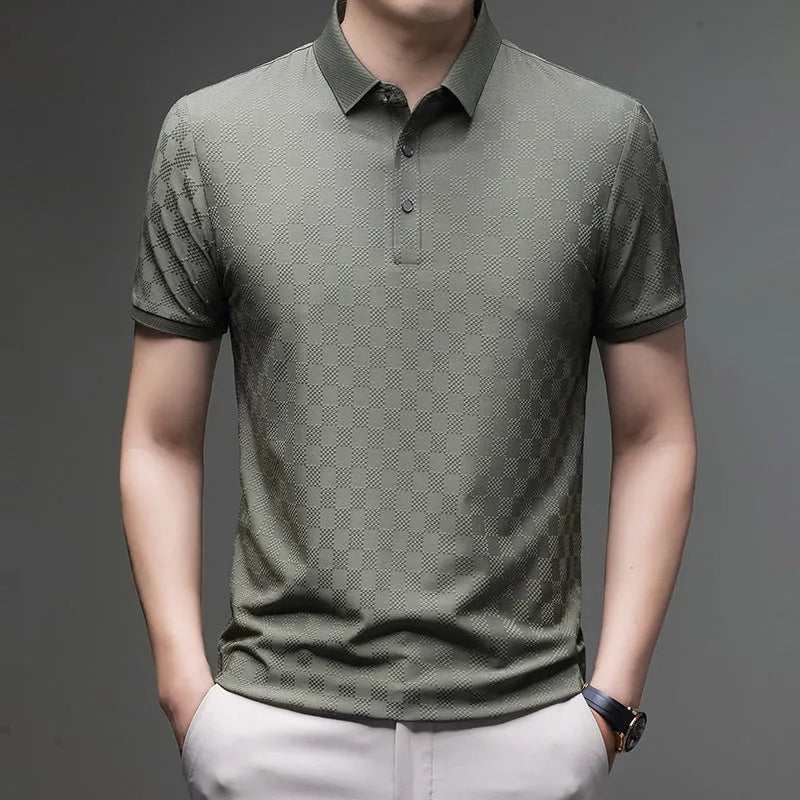 Black rhombus pattern thin ice silk short sleeve T-shirt with a slit design on a hanger.