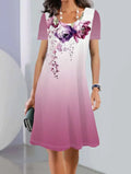Women's ice silk A-line dress with printed botanical pattern in mid-length fresh sweet style