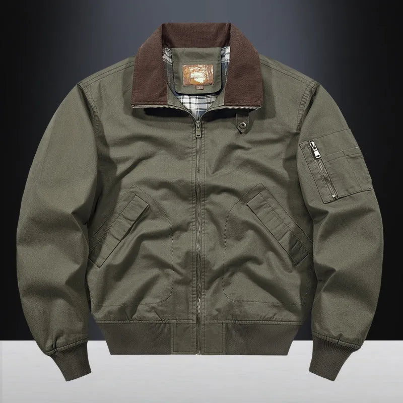 Men's camel washed cotton baseball jacket with a zip front and ribbed cuffs.