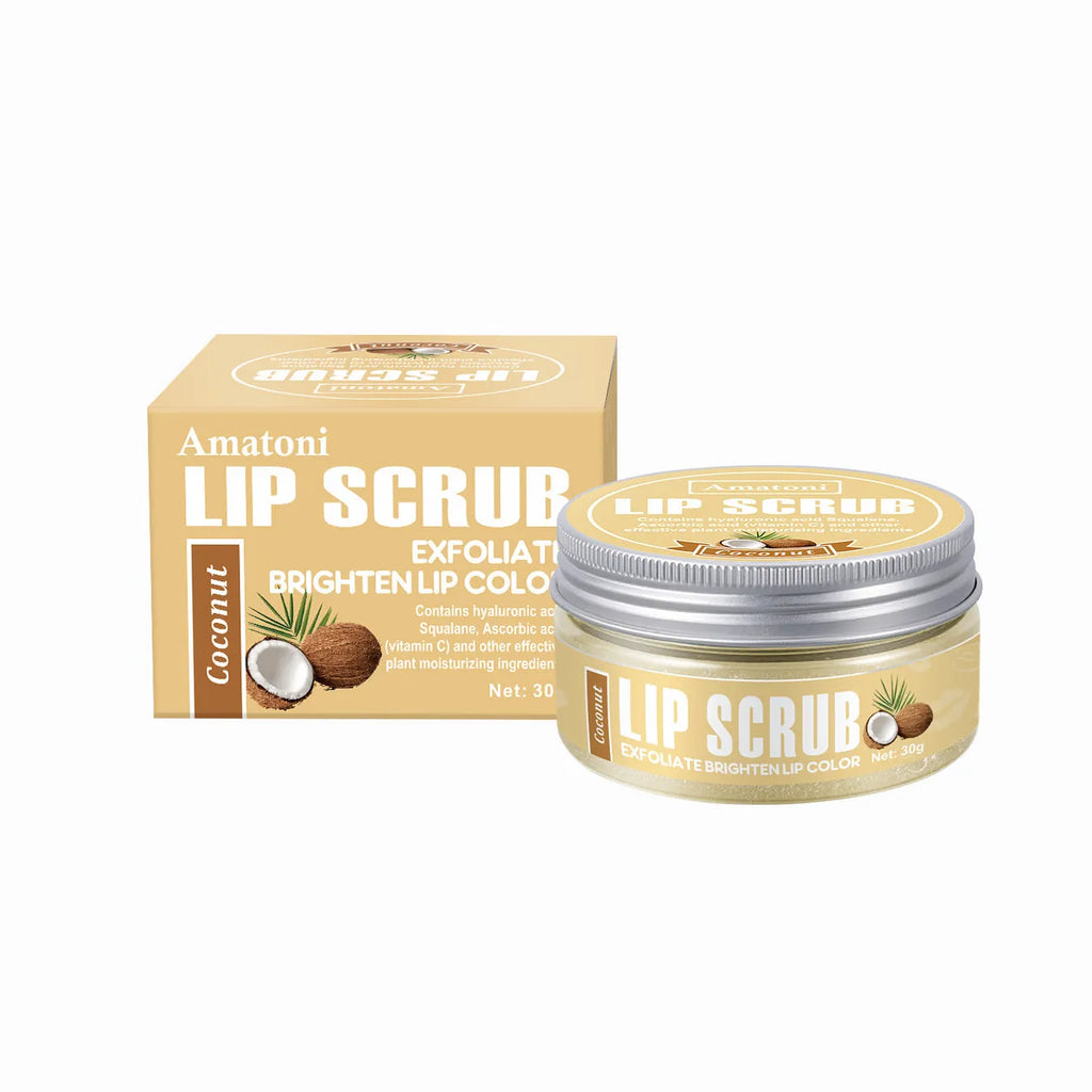 Amatoni Lip Scrub jar in one of four flavours: Coconut, Raspberry, Vanilla, or Watermelon, 30g net weight.