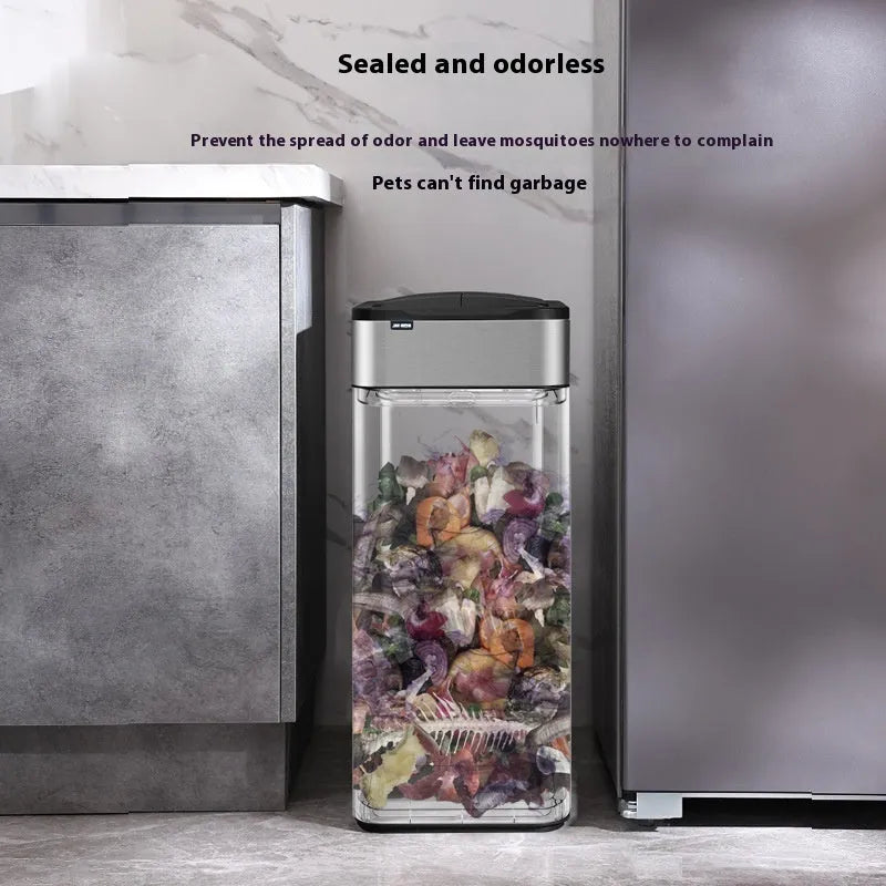 Stainless steel smart inductive trash can with automatic lid and square bucket design.