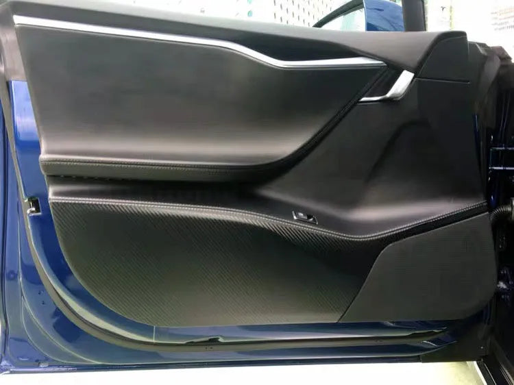 Four pre-cut clear protective films for Tesla Model S front and rear interior door panels.