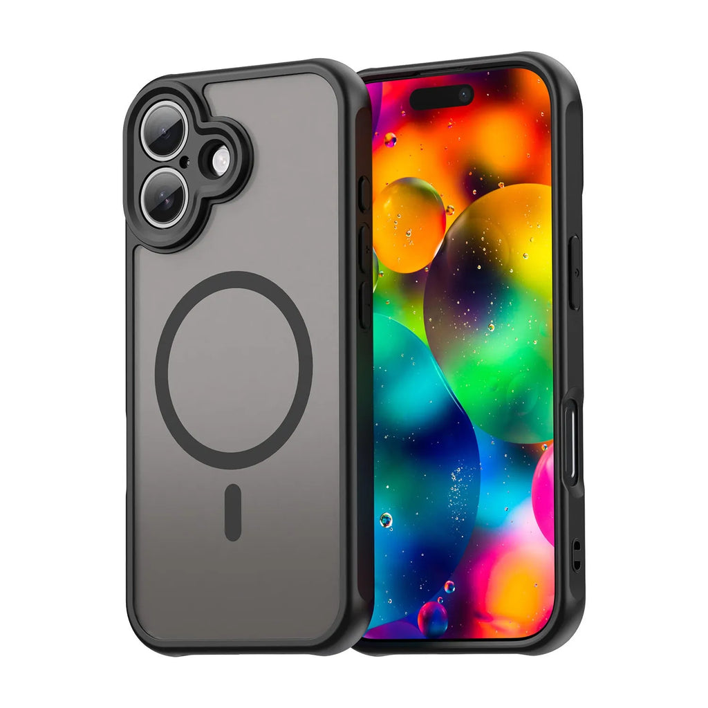 Frosted TPU PC magnetic phone case for iPhone 17 showing drop-resistant design and bracket in black colour