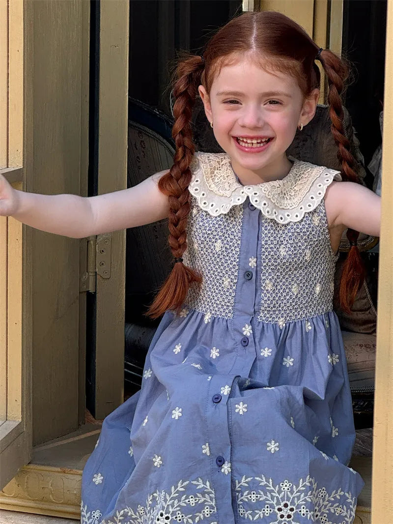 Smocked machine embroidery navy blue cotton sleeveless girls summer dress