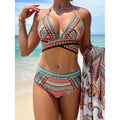 Women's blue cross bandage high waist bikini three-piece swimsuit set with veil on mannequin