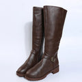 Women's solid colour knight boots with square heel, round toe, and belt buckle detail on a white background