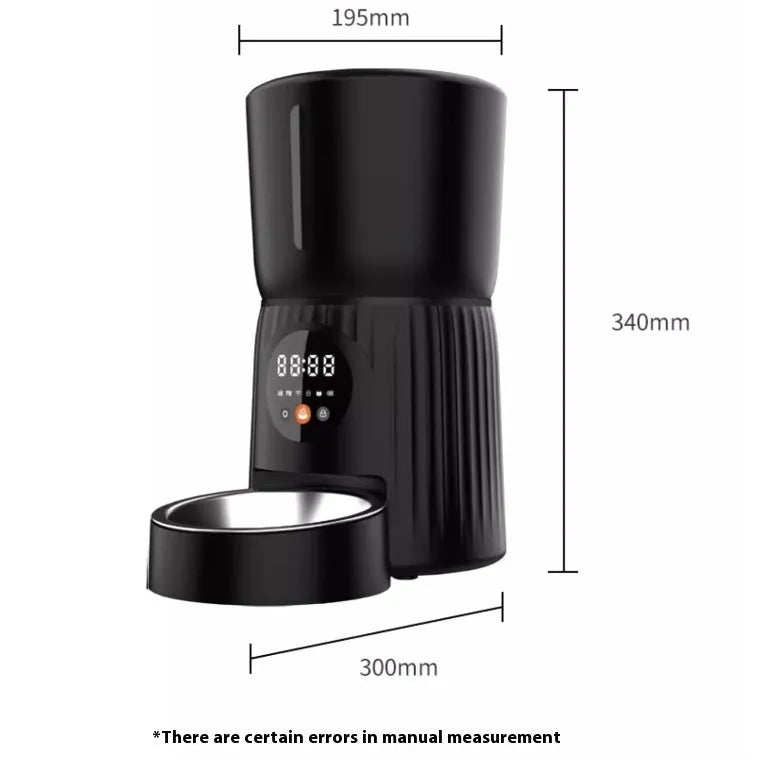 Black and white automatic pet feeder with digital timer display and USB cable