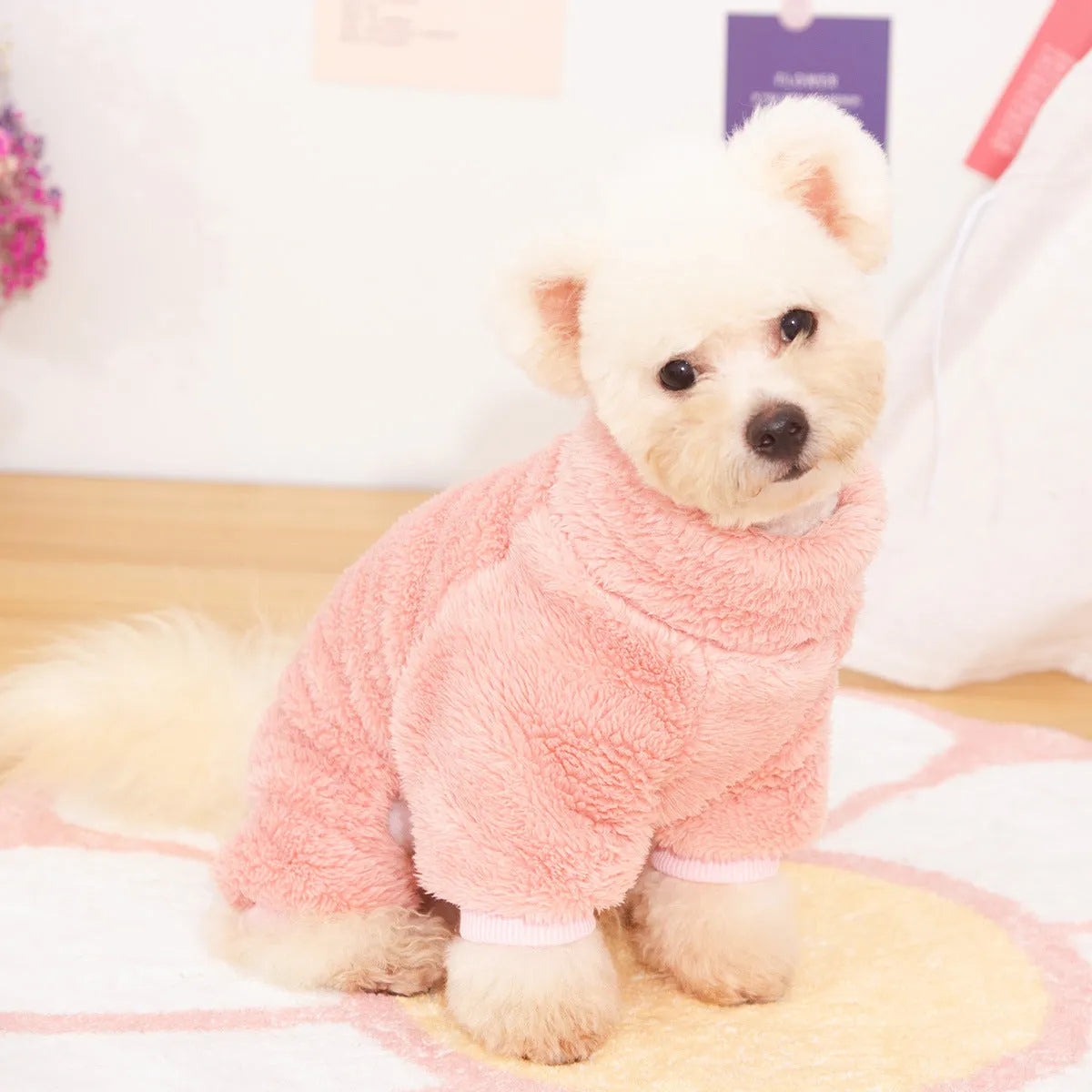 Blue four-legged dog coat made of thick plush cotton velvet with a high collar and towing ring.