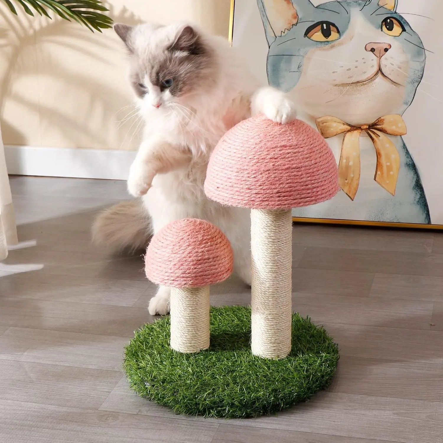 Pink mushroom-shaped cat scratching post with sisal caps for kittens and small cats