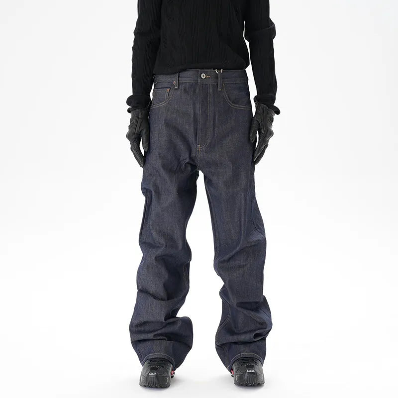 Casual loose straight original jeans in dark blue denim fabric, front view, showing loose straight leg cut.