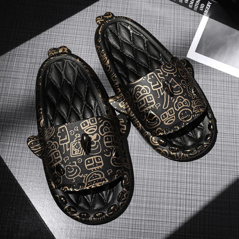 Shark-themed open toe EVA slippers for home wear, shown in beige colour.